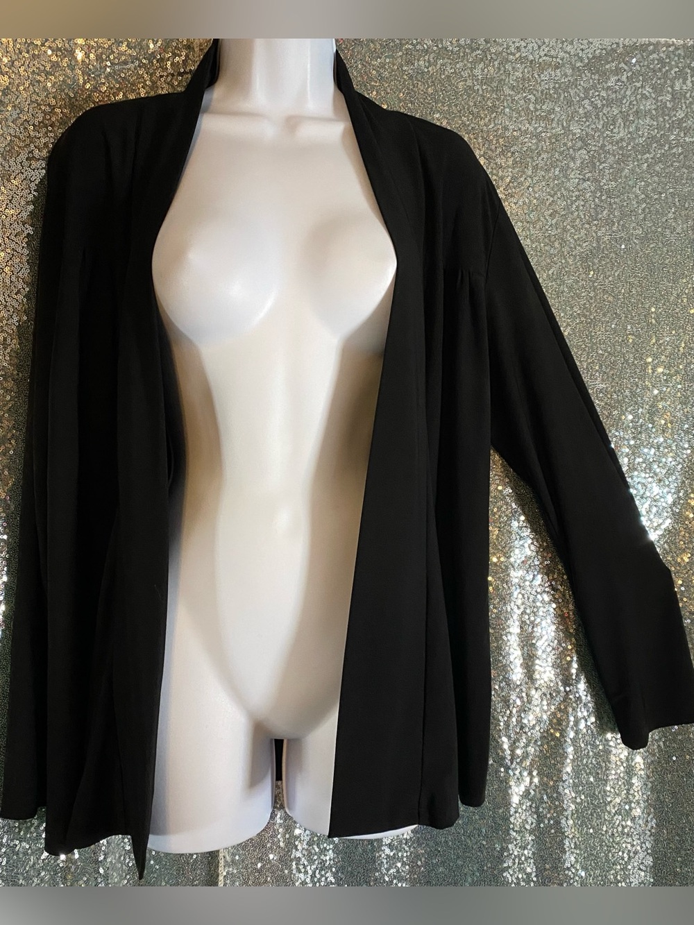 Carol Rose Black Draped Open Front Knit Jacket Cardigan Stretch